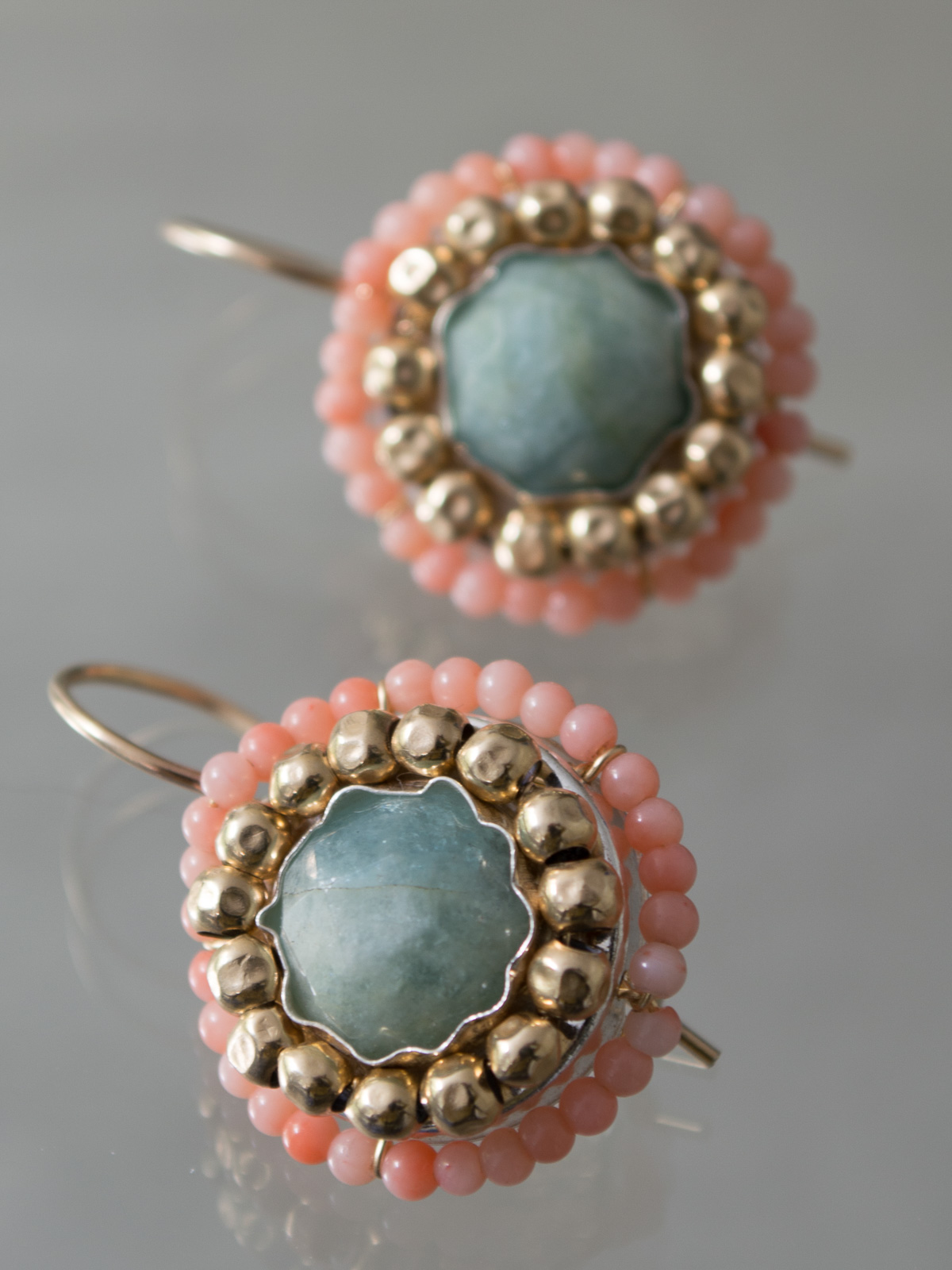 earrings Mandala coral and aquamarine